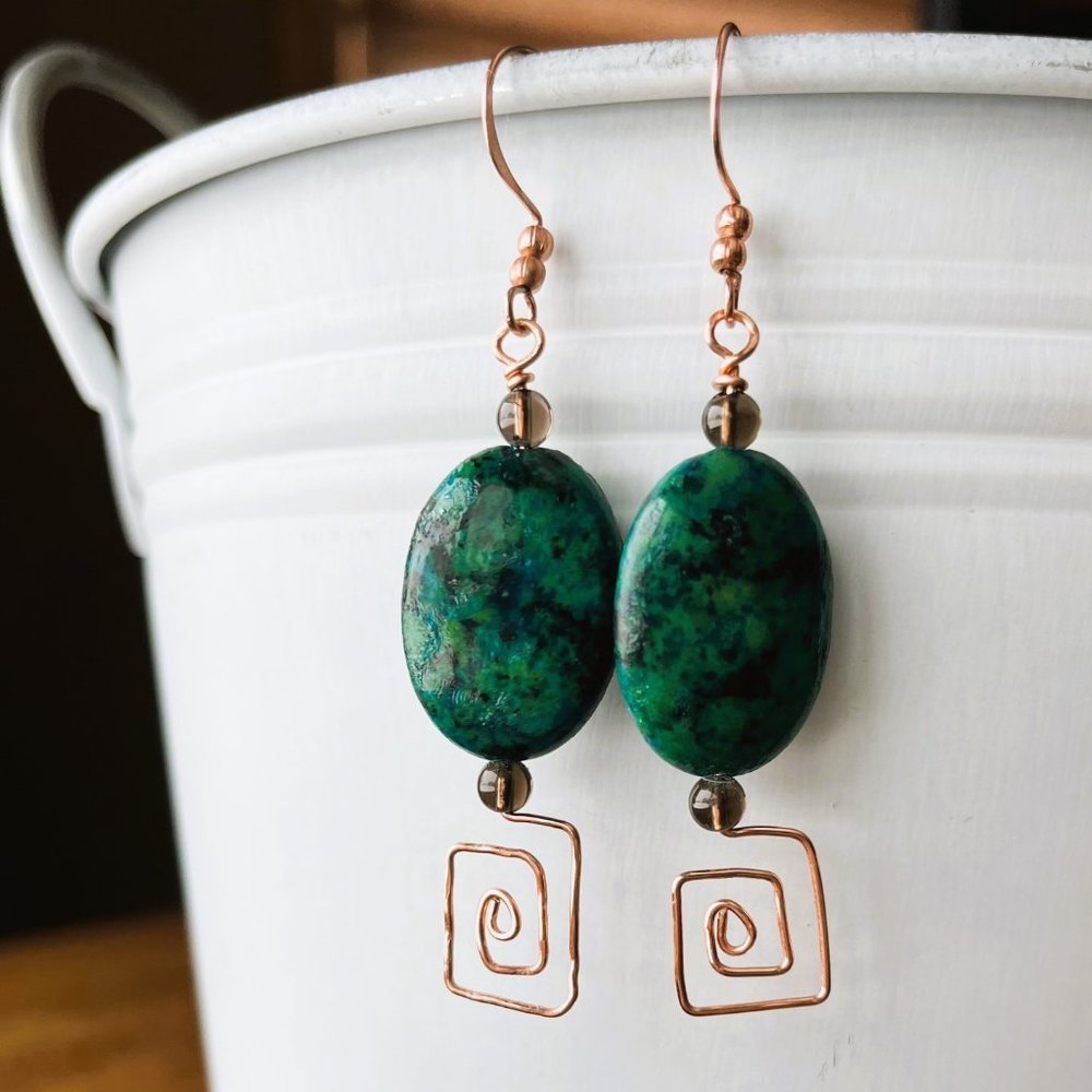 Chrysocolla and Smoky Quartz with Copper Genuine Gemstone Earrings, Handmade
